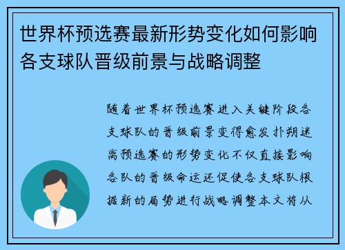 世界杯预选赛最新形势变化如何影响各支球队晋级前景与战略调整