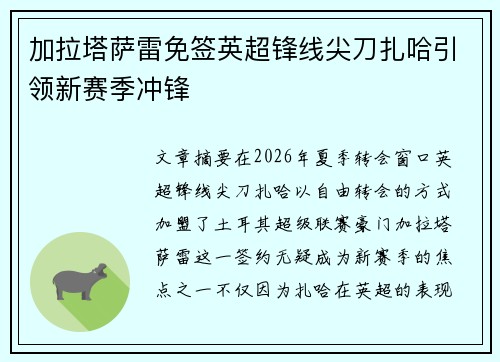 加拉塔萨雷免签英超锋线尖刀扎哈引领新赛季冲锋 加拉塔萨雷免签英超锋线尖刀扎哈引领新赛季冲锋