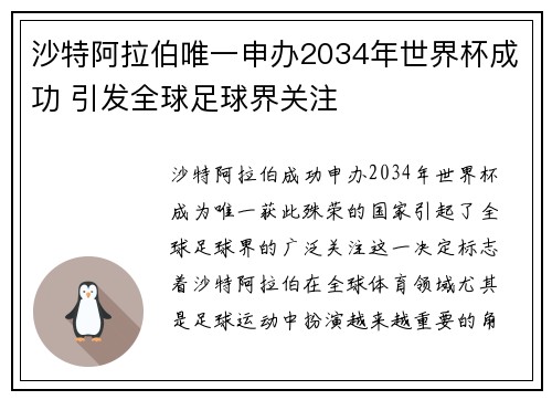 沙特阿拉伯唯一申办2034年世界杯成功 引发全球足球界关注 沙特阿拉伯唯一申办2034年世界杯成功 引发全球足球界关注