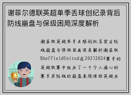 谢菲尔德联英超单季丢球创纪录背后防线崩盘与保级困局深度解析 谢菲尔德联英超单季丢球创纪录背后防线崩盘与保级困局深度解析