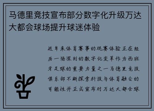 马德里竞技宣布部分数字化升级万达大都会球场提升球迷体验 马德里竞技宣布部分数字化升级万达大都会球场提升球迷体验